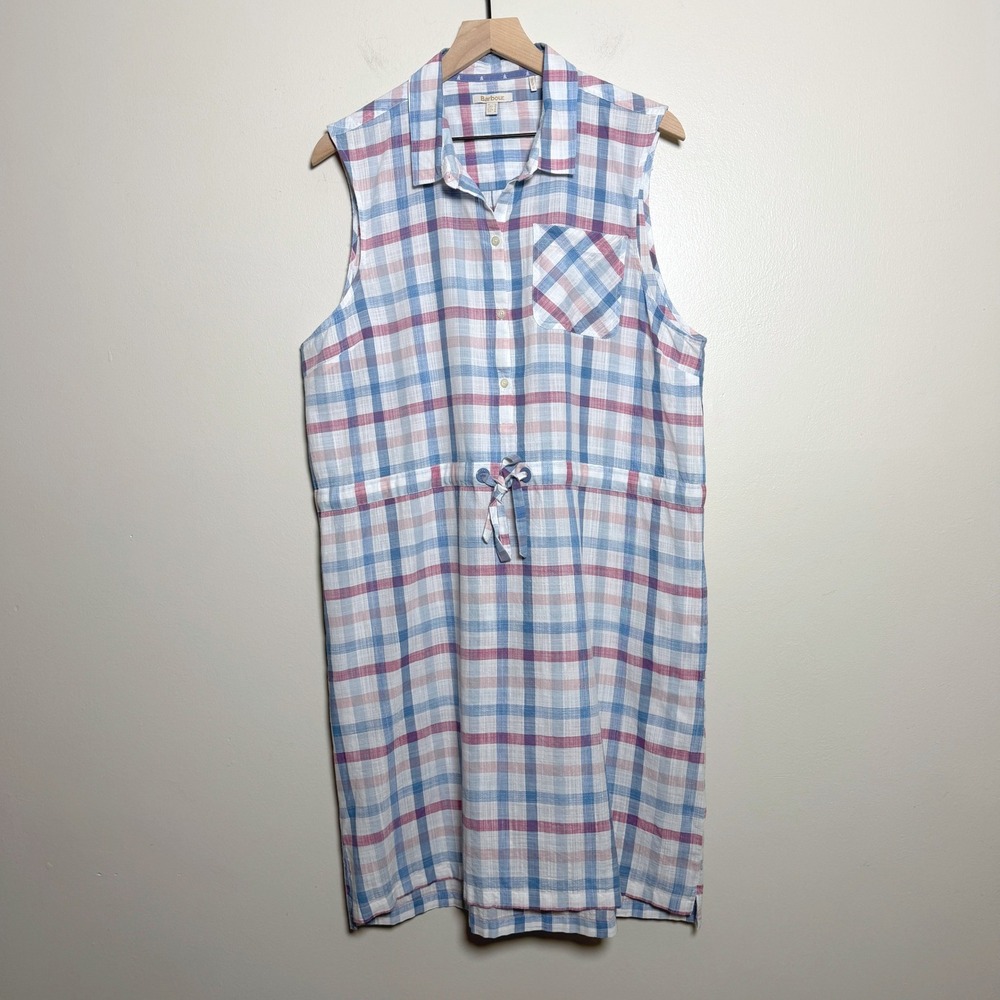 Barbour Womens Cotton Plaid Shirt Dress 12 Blue Sleeveless Drawstring Pockets